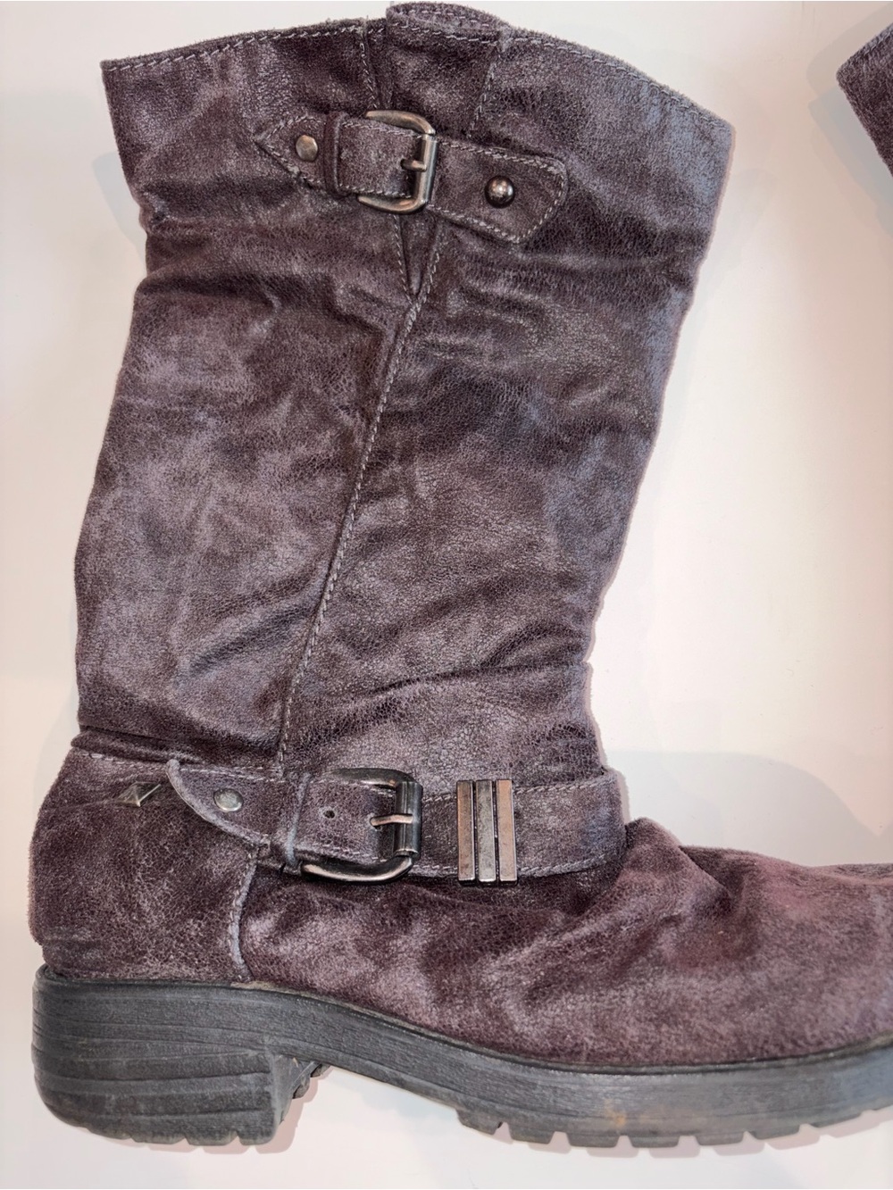 Suede Mid-Calf Buckle Boots in Charcoal